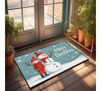 XYBH Tapis d'automne pour porte d'entrée Un enfant en vêtements rouges se tient à côté d'un bonhomme de neige lors d'une journée enneigée. Paillasson d'entrée Tapis de sol pour la maison (50 x 80 cm)