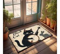 XYBH Tapis de bienvenue d'automne en plein air Un chat noir jouant un banjo avec un lapin à proximité. Paillasson amusant pour décoration de patio avec texte amusant pour homme (65 x 90 cm)
