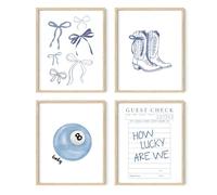 XYDEG Lot de 4 impressions artistiques de dortoir Coquette bleue Preppy Coastal Granddaughter Cowgirl Dortoir 8 Ball Bow Poster Lucky 8 Ball Bow 20,3 x 25,4 cm sans cadre
