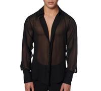 XYFfybhsd Hommes Manche Longue Maille Transparente Voir à Travers Chemise Sexy Transparent Hauts Clubwear (Size:XL,Color:Noir)