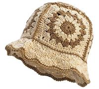 XYIYI Beige Femmes Crochet Bobs Chapeau Tricoté à la Main Pliable Plage Mignon Chapeau Seau Tissé à la Main Chapeau de Pêcheur