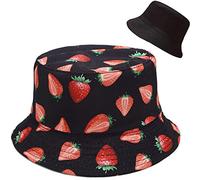 XYIYI Bobs Chapeau Fraise Noir Réversible Seau Chapeau Pêche Chapeau De Soleil pour Femmes Filles