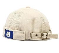 XYIYI Chapeau Homme Sans Bord en Velours Côtelé - Casquette Docker, Sailor, Travailleur - Beanie Cuff Roulé Rétro Beige