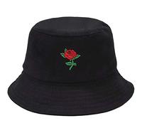 XYIYI Chapeau Seau Noir Fleur Brodé Tendance Chapeau de Pêcheur Homme Femme