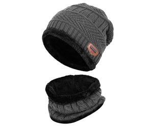 XYIYI Gris Echarpe et Bonnet Enfants, 2 Pièces Tricoté Beanie Hiver Chaud Epais Chapeaux pour 5-14 Ans Garçons Filles