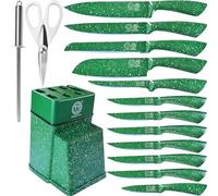 XYJ authentique depuis 1986, ensemble de couteaux de cuisine en acier inoxydable avec porte-couteaux, poignée verte, couteau à découper et couteau à steak, couteaux de chef japonais
