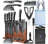 XYJ Set de couteaux de cuisi avec lames forgées en acier à haute teneur en carbone, couteau de chef, hachoir, couteau à découper, manche en bois, sac de transport et protège-lames inclus