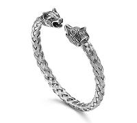 XYJJ Bracelet Tête de Loup, Torsadé Bracelet pour Hommes, Bracelet Jonc de Style Ancien Dragon, Inoxydable Bracelet Tête de Loup, Réglable Bracelet, Pour les Poignets Assortis pour Hommes(Argent)