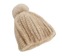 XYNM Bonnet à Pompon Chapeau Tricoté en Vraie Fourrure De Vison pour Femmes, d'hiver Épais avec Pompons Renard, Chaude Luxe-Beige-Taille Unique