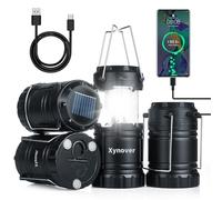 Xynover Lot de 4 lanternes solaires de camping - Lampes LED rechargeables, base magnétique et crochet de suspension pliable - Lampe pliable alimentée par piles, parfaite pour les pannes de courant, la