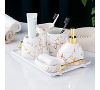 XYQXYQ Céramique Ensemble d'accessoires de salle de bain blanc, décor de salle de bain aspect marbre doré, ensemble moderne de 6 pièces d'accessoires de salle de bain, complet avec distributeur de