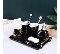 XYQXYQ Ensemble d'accessoires de salle de bain noirs aspect marbre doré, ensemble d'accessoires de salle de bain moderne 6 pièces, complet avec distributeur de savon, porte-brosse à dents, gobelet