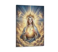 XYSXYCP Impression sur toile murale chrétienne Vierge Marie couronnée avec cœur sacré radieux et anges dans les nuages Décoration moderne pour salon, chambre à coucher 30 x 45 cm