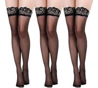 XYTAHDM 3 Paires Bas Nylon Couture pour Porte-jarretelles, Dentelle Bas Autofixants Femmes, Bas Autofixant Femme Sexy Dentelle Porte Collants Cuisse Haute (Noir)