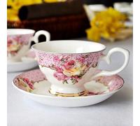 XYUERU Tasse à expresso avec soucoupe et cuillère motif floral en 3D, tasse à café, thé, cappuccino, for café, thé, latte, moka, américain, 200 ml(Pink)