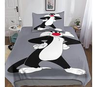 XYueww Sylvester 3 Pièces Parure De Lit, Looney Tunes Housse De Couette, pour Enfant Et Adultes, 3D Impression Housses De Couettes Microfibre, avec Fermeture À Glissière Single(135x200cm)