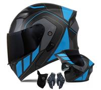 XYYYM Casque de Moto Intégral Hommes Femmes Casque Modulaire à Double Visière avec Gants et Protection Faciale, Homologué ECE Casque de Course Urbaine Cyclomoteurs Adultes, 57-64cm