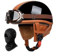 XYYYM Demi-Casques Moto en Cuir, Casque à Visage Ouvert Rétro Allemand avec Lunettes, Masque Facial et Tour de Cou Amovible, Homologué ECE, Casque Demi-Visage Vintage Hommes Femmes