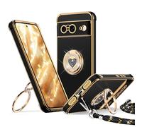 XYZ Coque pour Google Pixel 8, avec Double Anneau de Support Cœur, avec Lanière pour Filles et Femmes, Coque de Protection Luxe Mignonne et Scintillante pour Pixel 8, Noir