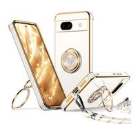 XYZ Coque pour Google Pixel 8A 5G, avec Double Anneau de Support Cœur, avec Lanière pour Filles et Femmes, Coque de Protection Luxe Mignonne et Scintillante pour Pixel 8A 5G, Blanc