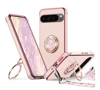 XYZ Coque pour Google Pixel 9 Pro, avec Double Anneau de Support Cœur, avec Lanière pour Filles et Femmes, Coque de Protection Luxe Mignonne et Scintillante pour Pixel 9 Pro, Rose