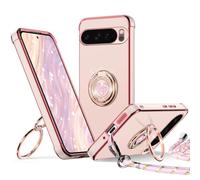 XYZ Coque pour Google Pixel 9 Pro XL, avec Double Anneau de Support Cœur, avec Lanière pour Filles et Femmes, Coque de Protection Luxe Mignonne et Scintillante pour Pixel 9 Pro XL, Rose