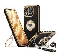 XYZ Coque pour Honor 400 Lite, avec Double Anneau de Support Cœur, avec Lanière pour Filles et Femmes, Coque de Protection Luxe Mignonne et Scintillante pour Honor 400 Lite, Noir