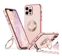 XYZ Coque pour iPhone 13 Pro Max, avec Double Anneau de Support Cœur, avec Lanière pour Filles et Femmes, Coque de Protection de Luxe Mignonne et Scintillante pour iPhone 13 Pro Max, Rose
