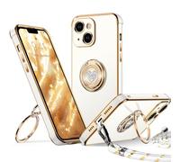 XYZ Coque pour iPhone 14 Plus, avec Double Anneau de Support Cœur, avec Lanière pour Filles et Femmes, Coque de Protection de Luxe Mignonne et Scintillante pour iPhone 14 Plus, Blanc