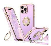 XYZ Coque pour iPhone 14 Pro Max, avec Double Anneau de Support Cœur, avec Lanière pour Filles et Femmes, Coque de Protection de Luxe Mignonne et Scintillante pour iPhone 14 Pro Max, Violet