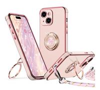 XYZ Coque pour iPhone 15, avec Double Anneau de Support Cœur, avec Lanière pour Filles et Femmes, Coque de Protection de Luxe Mignonne et Scintillante pour iPhone 15, Rose