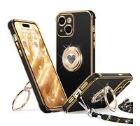 XYZ Coque pour iPhone 15 Plus, avec Double Anneau de Support Cœur, avec Lanière pour Filles et Femmes, Coque de Protection de Luxe Mignonne et Scintillante pour iPhone 15 Plus, Noir