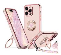 XYZ Coque pour iPhone 15 Pro, avec Double Anneau de Support Cœur, avec Lanière pour Filles et Femmes, Coque de Protection de Luxe Mignonne et Scintillante pour iPhone 15 Pro, Rose