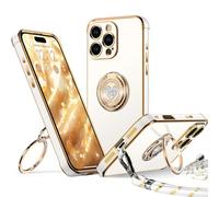 XYZ Coque pour iPhone 16 Pro, avec Double Anneau de Support Cœur, avec Lanière pour Filles et Femmes, Coque de Protection de Luxe Mignonne et Scintillante pour iPhone 16 Pro, Blanc