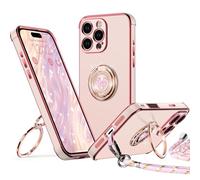 XYZ Coque pour iPhone 16 Pro Max, avec Double Anneau de Support Cœur, avec Lanière pour Filles et Femmes, Coque de Protection de Luxe Mignonne et Scintillante pour iPhone 16 Pro Max, Rose