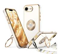 XYZ Coque pour iPhone 16E, avec Double Anneau de Support Cœur, avec Lanière pour Filles et Femmes, Coque de Protection de Luxe Mignonne et Scintillante pour iPhone 16E, Blanc