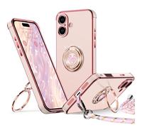 XYZ Coque pour iPhone 17, avec Double Anneau de Support Cœur, avec Lanière pour Filles et Femmes, Coque de Protection de Luxe Mignonne et Scintillante pour iPhone 17, Rose