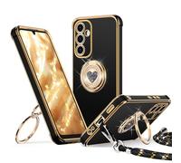 XYZ Coque pour Samsung Galaxy A14 5G, avec Double Anneau de Support Cœur, avec Lanière pour Filles et Femmes, Coque de Protection Luxe Mignonne et Scintillante pour Samsung A14 5G, Noir
