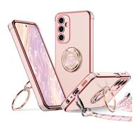 XYZ Coque pour Samsung Galaxy A25 5G, avec Double Anneau de Support Cœur, avec Lanière pour Filles et Femmes, Coque de Protection Luxe Mignonne et Scintillante pour Samsung A25 5G, Rose