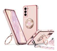 XYZ Coque pour Samsung Galaxy S21, avec Double Anneau de Support Cœur, avec Lanière pour Filles et Femmes, Coque de Protection Luxe Mignonne et Scintillante pour Samsung S21, Rose