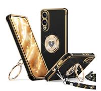 XYZ Coque pour Samsung Galaxy S25 Edge, avec Double Anneau de Support Cœur, avec Lanière pour Filles et Femmes, Coque de Protection Luxe Mignonne et Scintillante pour Samsung S25 Edge, Noir