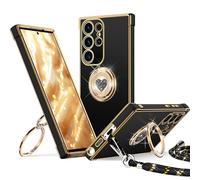 XYZ Coque pour Samsung Galaxy S25 Ultra, avec Double Anneau de Support Cœur, avec Lanière pour Filles etmmes, Coque de Protection Luxe Mignonne et Scintillante pour Samsung S25 Ultra, Noir