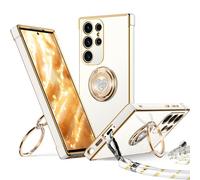 XYZ Coque pour Samsung Galaxy S25 Ultra, avec Double Anneau de Support Cœur, avec Lanière pour Filles etmmes, Coque de Protection Luxe Mignonne et Scintillante pour Samsung S25 Ultra, Blanc