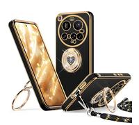 XYZ Coque pour Xiaomi 15 Ultra, avec Double Anneau de Support Cœur, avec Lanière pour Filles et Femmes, Coque de Protection Luxe Mignonne et Scintillante pour Xiaomi 15 Ultra, Noir