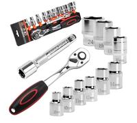 XYZDOUBLE 12 Pièces Jeu de Clés à Douille avec Cliquets 1/2" Inserts Hexagonaux de 8mm - 24mm et Rallonge Cliquet Réversible de 125.5 mm en Cr-V avec Déclencheur à Bouton Poussoir