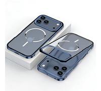XZC Coque avec cadre en métal pour iPhone 17, pare-chocs fin en aluminium, dos mat semi-transparent, dissipation de la chaleur, support de charge magnétique sans fil (bleu, pour iPhone 17 Pro)