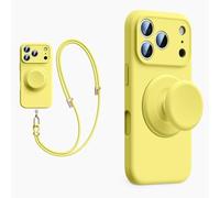 XZC Coque en silicone liquide pour iPhone 17 Pro Max, avec support pop-up, cordon bandoulière, compatible avec MagSafe, [protection complète de l'appareil photo] (jaune, iPhone 15)
