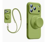 XZC Coque en silicone liquide pour iPhone 17 Pro Max, avec support pop-up, cordon bandoulière, compatible avec MagSafe, [protection complète de l'appareil photo] (vert, iPhone 15)