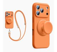 XZC Coque en silicone liquide pour iPhone 17 Pro Max, avec support pop-up, cordon bandoulière, compatible avec MagSafe, [protection complète de l'appareil photo] (orange, iPhone 17 Pro)