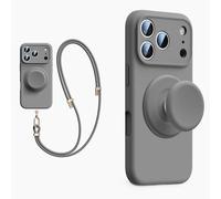 XZC Coque en silicone liquide pour iPhone 17 Pro Max, avec support pop-up, cordon bandoulière, compatible avec MagSafe, [protection complète de l'appareil photo] (gris, iPhone 17 Pro)